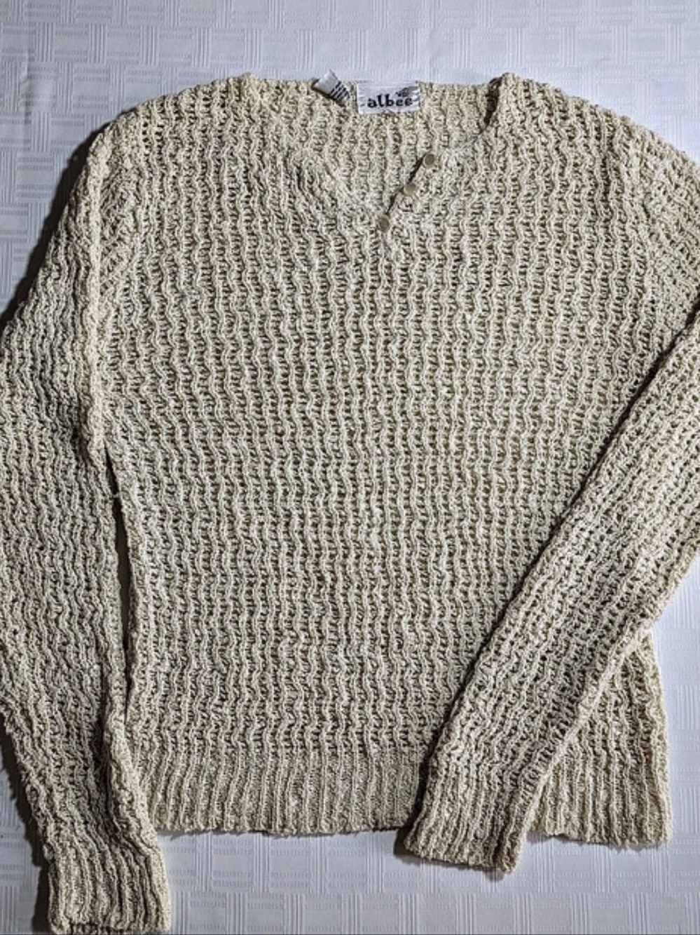 Vintage Albee Cream Open Knit Short Sleeve Henley Sweater Top Boho